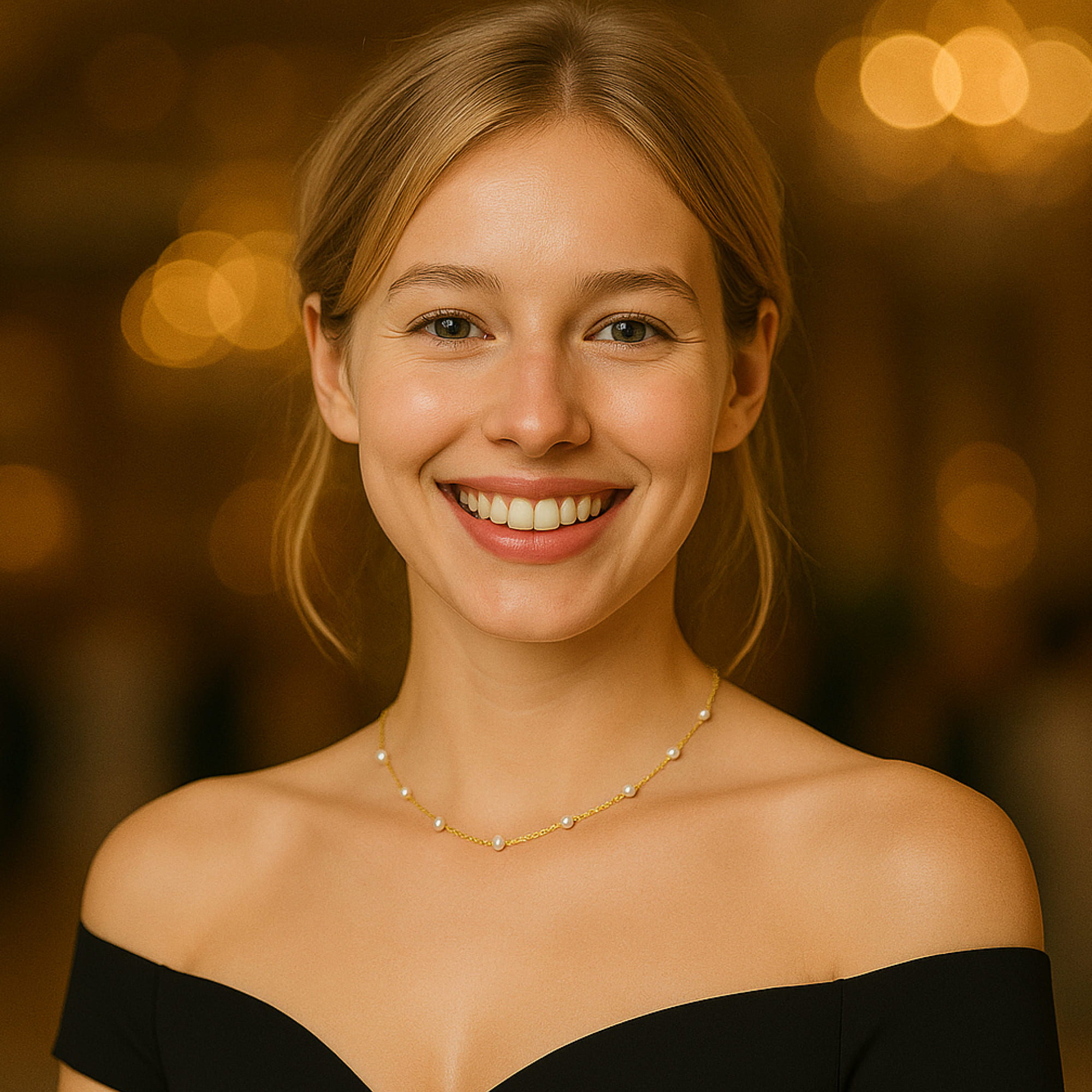 Colier cu Perle Naturale Office 4–5 mm, Aur 14K, Vedere Frontală pe Model –